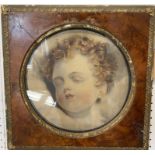 18TH CENTURY SCHOOL 'Sleeping Boy', watercolour, 24cm Diam, in square walnut, gilt hinged frame,