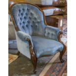 ARMCHAIR, mid Victorian mahogany in buttoned blue velvet, 74cm W.