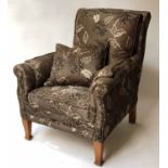 ARMCHAIR, Edwardian scroll arm with seat and back cushions in foliate taupe silk.