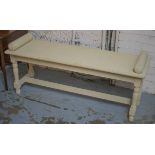 HALL BENCH, early 20th century and later cream painted oak with bolster ends, 122cm x 37cm.