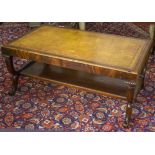 LOW TABLE, Regency style mahogany and brass bound with rectangular tan leather top and undertier,