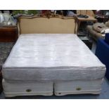 KINGSIZE DIVAN BED, on two part divan base and gilt scroll silk upholstered headboard,