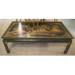 LOW TABLE, black and gilt chinoiserie decorated with overlaid rectangular glass top,