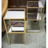 SIDE TABLES, a pair, gilt metal framed with two mirrored tiers, 60cm H x 30cm x 30cm.
