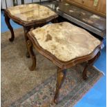 LOW TABLES, a pair, the shaped marble tops on carved bases with cabriole supports,