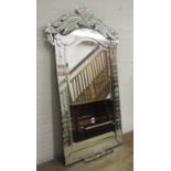 WALL MIRROR, Venetian style, with foliate etched effect decoration and a shaped bevelled plate,