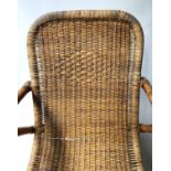 RATTAN ARMCHAIRS, a pair, pattern woven rattan with scrolling arms, 61cm W.