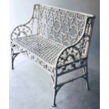 COALBROOKDALE STYLE SEAT, white painted cast metal with tracery back and seat, 98cm W.
