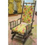 ROCKING CHAIR, late 19th century birch in patterned fabric, 57cm W.