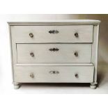 COMMODE, 19th century French traditionally grey painted with three long drawers,