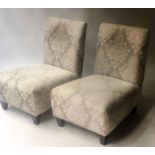 COCKTAIL CHAIRS, a pair, each upholstered in two tone grey silk with tapering supports, 52cm W.