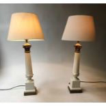LAMPS, a pair, gilt metal Corinthian capped white and gold ceramic columns, 79cm H.