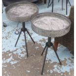 SIDE TABLES, a pair, vintage style worked metal tops, 34cm diam. x 61cm H.