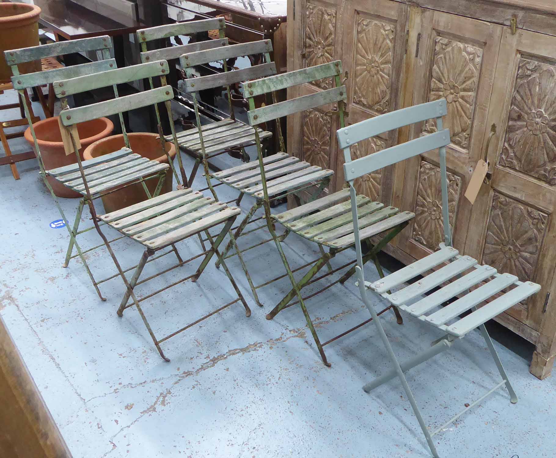 GARDEN BISTRO CHAIRS, a set of six, vintage French, fold up design, differing colours, 87cm H.