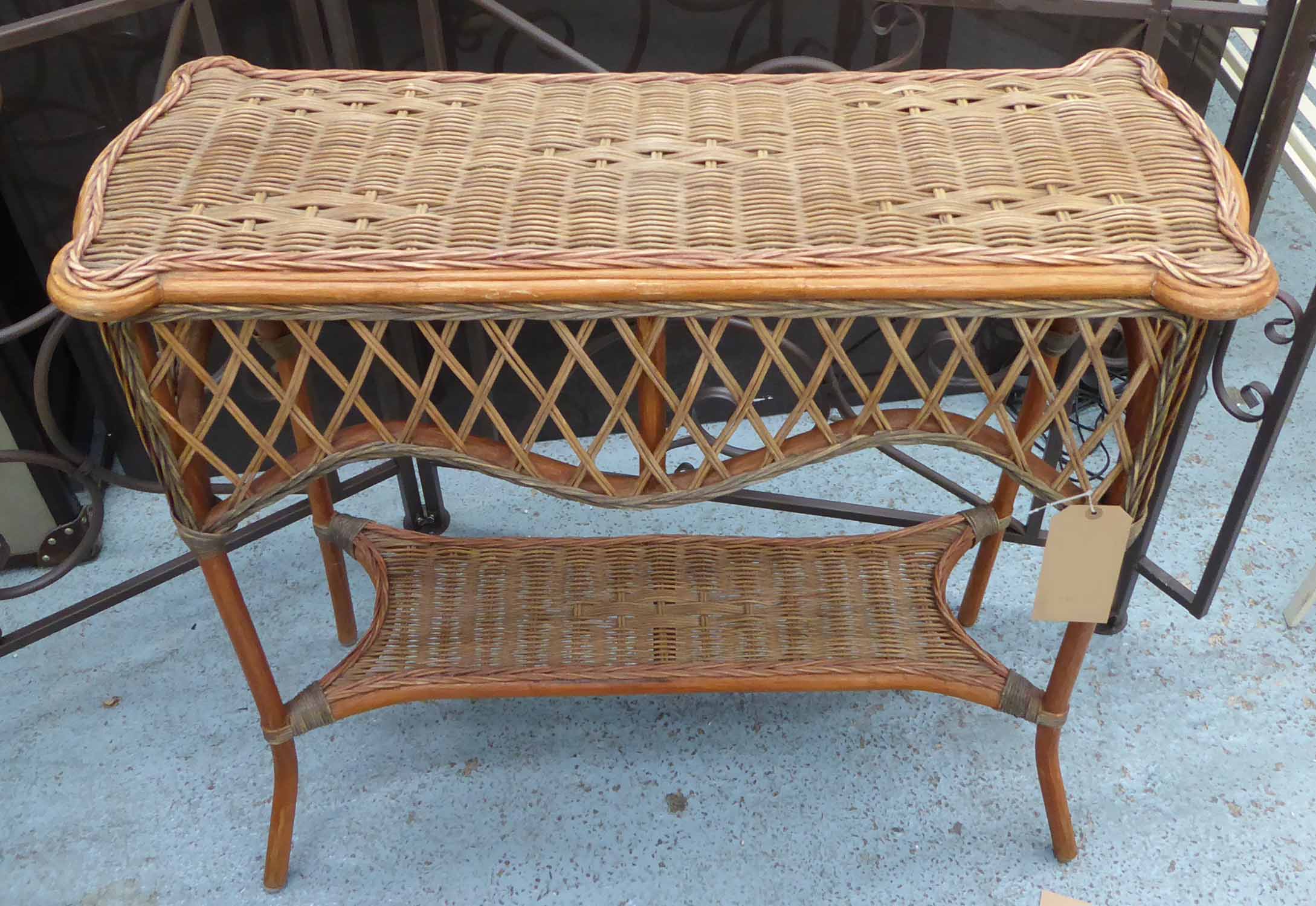 CONSOLE TABLE, Ralph Lauren style two tone rattan with cross hatch weave frieze and undertier,