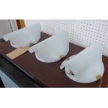 WALL LIGHTS, a set of three, mid century Italian opaque glass with brass mounts, 28cm x 20cm x 10cm.