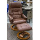 RECLINING SWIVEL ARMCHAIR, brown leather, 70cm W, with matching stool.