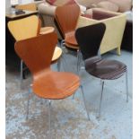 AFTER ARNE JACOBSEN SERIES 7 STYLE CHAIRS, a set of nine, in differing shades of wood,