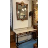 CONSOLE TABLE, the marble top over a frieze with gilt detail and applied floral porcelain plaques,