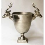 CHAMPAGNE BUCKET, French style cast silver metal with stag head handles, 53cm H x 56cm.