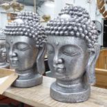 BUDDHA HEADS, a pair, contemporary silvered finish, 42cm H.