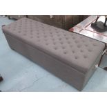 OTTOMAN, grey fabric upholstered, lift up lid with pockets to the top, on square supports,