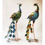 PEACOCKS, two painted metallic stylised models of peacocks, 95cm H.