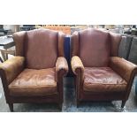 WING BACK CLUB ARMCHAIRS, a pair, tanned leather finish, 95cm H.