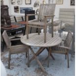GLOSTER GARDEN CHAIRS, a set of three, 92cm H and table, 110cm diam x 72cm H, weathered teak.