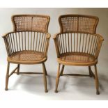 ARMCHAIRS, a pair, English country beech framed each with half bar and half cane back and cane seat,