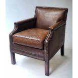 LIBRARY ARMCHAIR, George III design brass studded hand dyed leaf brown leather, 64cm W.