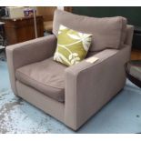 ARMCHAIR, of substantial proportions, contemporary grey velvet finish, with scatter cushion,