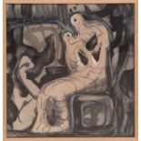 HENRY MOORE 'Mother and Child', printed on silk, 78cm x 74cm, framed and glazed.