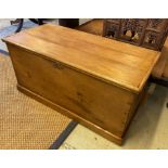BLANKET BOX, 19th century pine with hinged top and iron side handles, 54cm H x 110cm x 52cm.