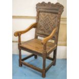 WAINSCOT ARMCHAIR, Charles II oak and elm with lozenge and floret carved panel back (parts later),