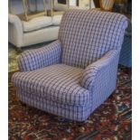 ARMCHAIR, Howard style in blue check fabric on castors, 80cm W.
