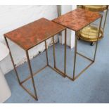 SIDE TABLES, a pair, contemporary coppered finish tops, 46cm x 33cm x 70cm.