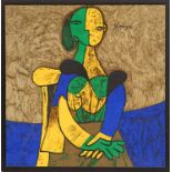 PABLO PICASSO 'Seated Woman on Grey Background', textile, with signature in the plate, 80cm x 80cm,