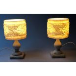 ALABASTER LAMPS, a pair, barrel form with carved leaf motifs on turned stems, 32cm H x 19cm Diam.