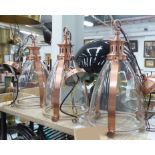 CEILING LANTERNS, a set of three, industrial inspired coppered finish, 74cm Drop approx.