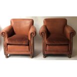 ARMCHAIRS, a pair with studded coach leather upholstery and brown velvet cushions, 83cm W.