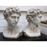 BUST OF DAVID PLANTERS, a pair, faux stone, 46cm H.