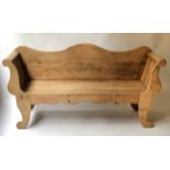 SETTLE, vintage Swedish style pine with shaped back and scroll arms, 178cm W.