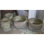 PLANTERS, a pair, reconstituted stone of circular basket weave form 23cm H x 40cm and another pair,