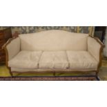 CANAPE, Louis XV style walnut with three seat cushions in cream alcantara, 224cm W x 98cm.