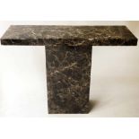 CONSOLE TABLE, 1970's style rectangular veneered sepia variegated marble on conforming plinth base,