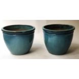 PLANTERS, a pair 'Moorcroft' blue ceramic, circular rimmed, 49cm Diam x 40cm H.