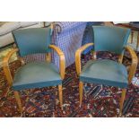 BRIDGE ARMCHAIRS, a pair, circa 1940, beechwood in green rexine, 61cm W.