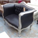 SOFA, Louis XV style, with diamonte buttoned back detail, silvered, in black leather, 120cm W.