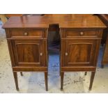 BEDSIDE CABINETS, a pair, Edwardian mahogany and boxwood strung, each with drawer and door,